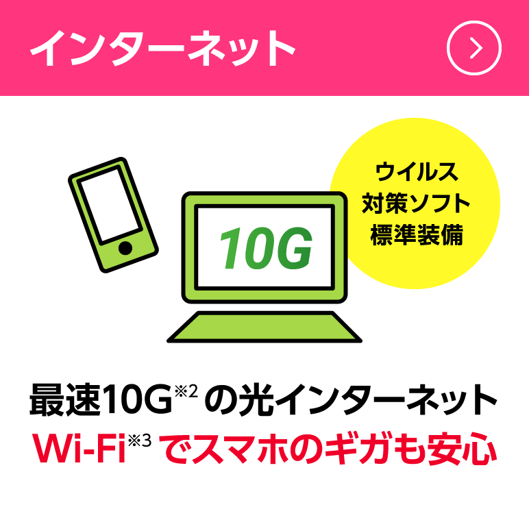 インターネット:最速10GB※2の光インターネット。Wi-Fi※3でスマホのギガも安心