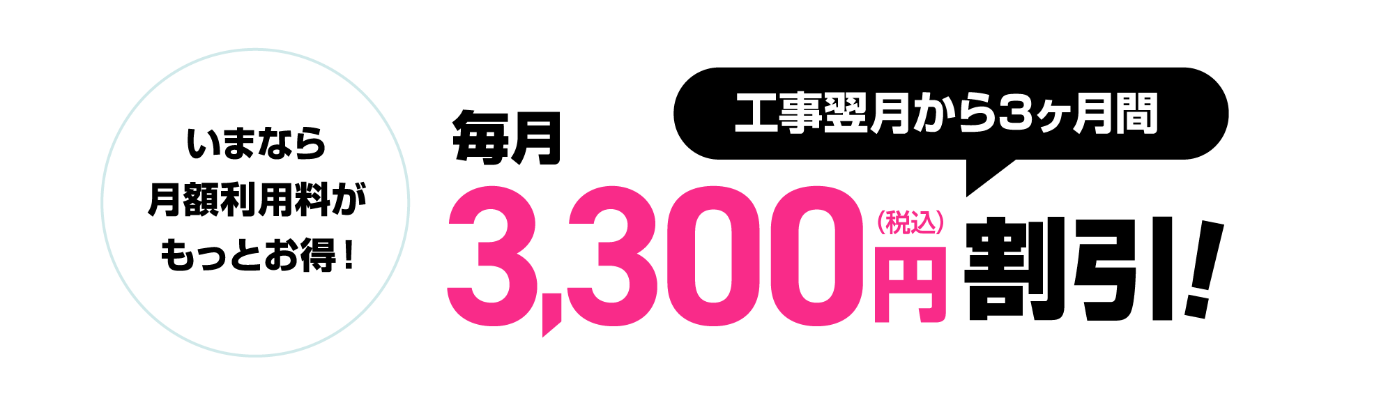 いまなら月額利用料がもっとお得！工事翌月から3ヶ月間毎月3,300円割引！