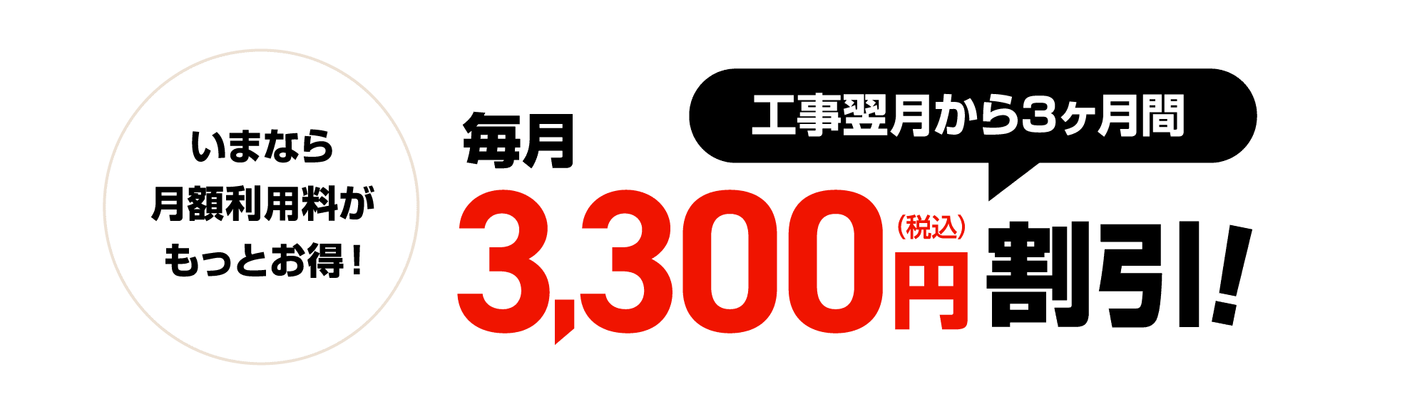 いまなら月額利用料がもっとお得！工事翌月から3ヶ月間毎月3,300円割引！