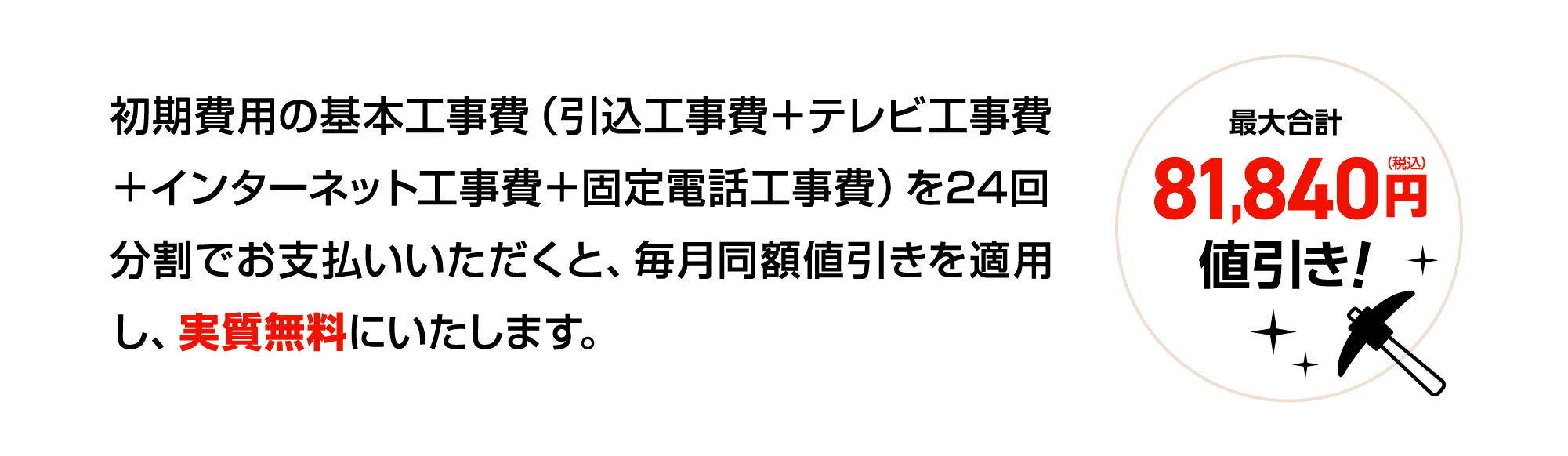 初期費用の基本工事費（引込工事費＋テレビ工事費＋インターネット工事費＋固定電話工事費）を24回分割でお支払いいただくと、毎月同額値引きを適用し、実質無料にいたします。